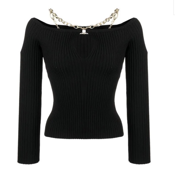 JONATHAN SIMKHAI Quinn Rib-Knit Chain Top Elegant Black Chain-Detail Sweater - Picture 1 of 12